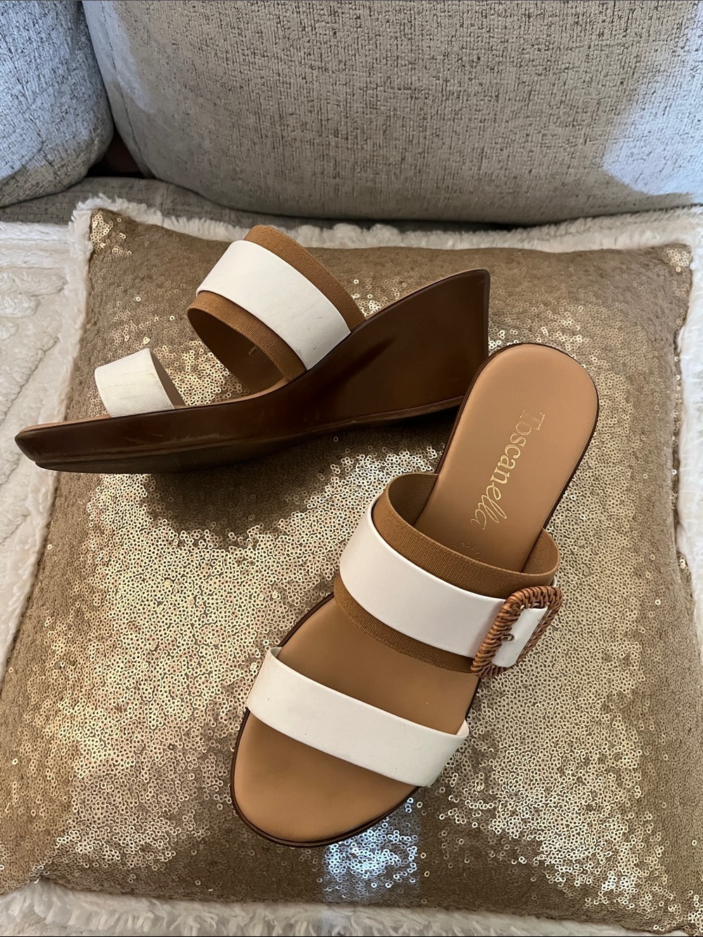 Tuscany White & Tan Slide Wedge Mules